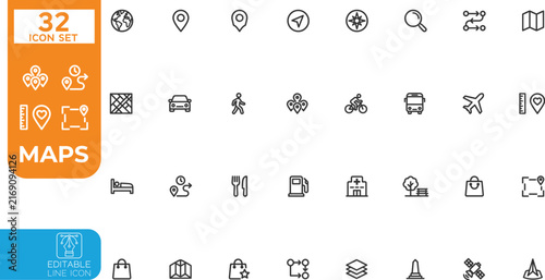 Editable line Vector illustration icon set. Containing maps, location, GPS, navigation, city map, atlas, route, direction, pin and more. Vector illustration. Editable stroke on transparent background.