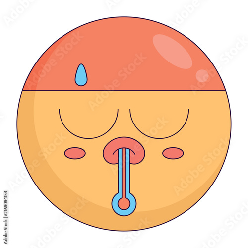 Sick emoji character with thermometer in mouth and sweat drop
