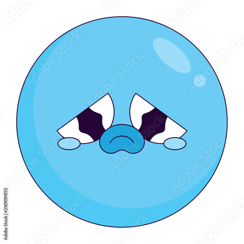 Blue emoji character crying with teardrops and sad mouth expression
