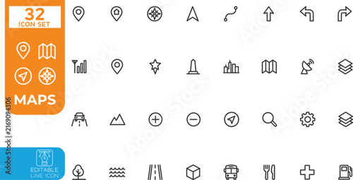 Editable line Vector illustration icon set. Containing maps, location, GPS, navigation, city map, atlas, route, direction, pin and more. Vector illustration. Editable stroke on transparent background.