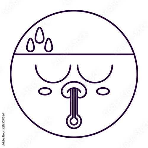 Sick emoji character with thermometer in mouth and sweat drop
