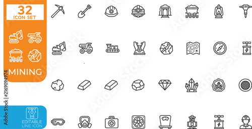 Editable line Vector illustration icon set. Containing minerals, gold, pickaxe, miner, excavator, diamond, coal wagon, gold panning, and more. Vector illustration. Editable on transparent background.