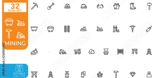 Editable line Vector illustration icon set. Containing minerals, gold, pickaxe, miner, excavator, diamond, coal wagon, gold panning, and more. Vector illustration. Editable on transparent background.