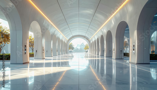 Modern futuristic architectural corridor with arches and glowing orange lights leading to an outdoor landscape