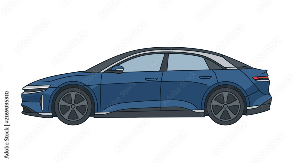 Naklejka premium Modern Blue Electric Sedan Side View Illustration