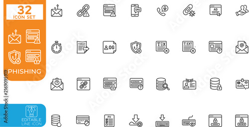 Editable line Vector illustration icon set. Contain icons related to phishing, scam, thief, cybercrime, password hacking, money theft, data leakage, and more. Editable stroke. Vector illustration on 