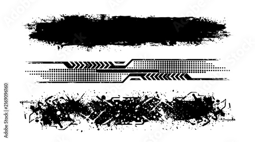 Abstract black grunge and technical racing banners on white