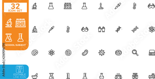Editable line Vector illustration icon set. Contain icons related to school subject, branch of science, or learning material. includes Math, Science, Languages, history, and more. Vector on 