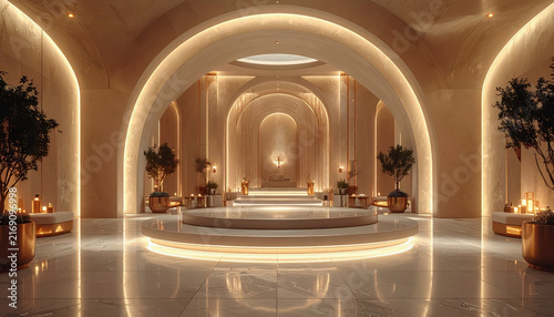 Elegant contemporary luxury interior hallway with ambient lighting and arched doorways