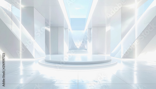 Bright futuristic white interior with geometric architecture and natural light