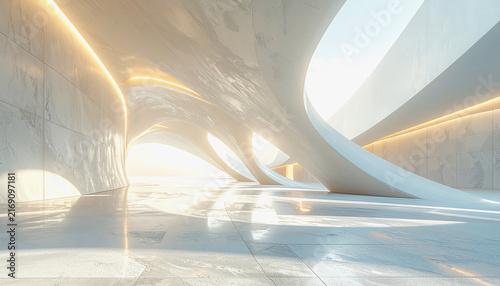 Modern futuristic architectural interior with flowing organic shapes and soft lighting