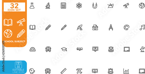 Editable line Vector illustration icon set. Contain icons related to school subject, branch of science, or learning material. includes Math, Science, Languages, history, and more. Vector on 
