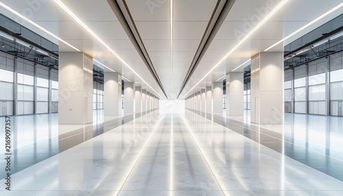 Modern white interior hallway with polished floor and ceiling lights