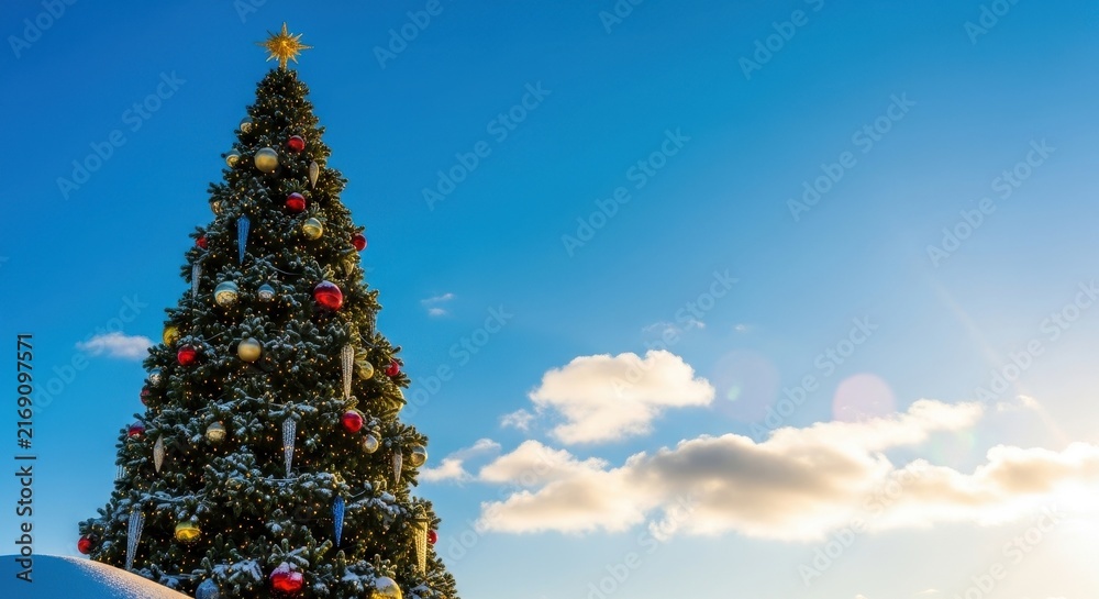 Fototapeta premium Decorated Christmas Tree Under Clear Blue Sky.