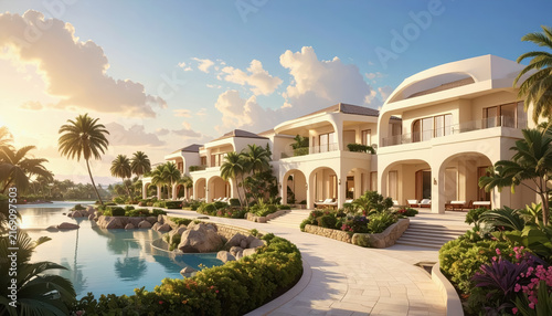 Luxurious tropical resort with modern architecture, swimming pool, and palm trees at sunset