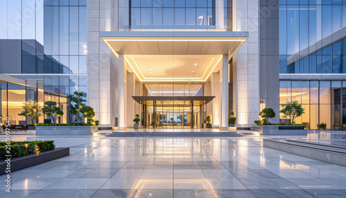 Modern glass and stone building entrance with illuminated canopy and reflective plaza