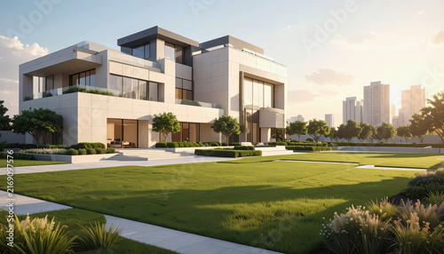 Luxury modern mansion with glass walls and manicured lawn