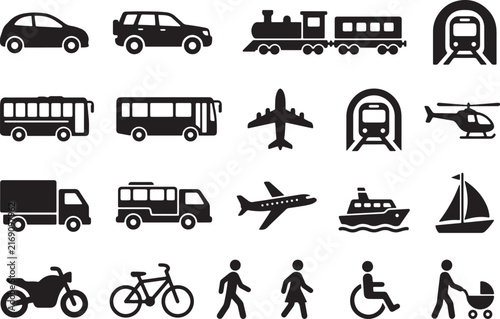 Transportation and vehicle icon pack with diverse modes of travel for logistics and urban mobility.
