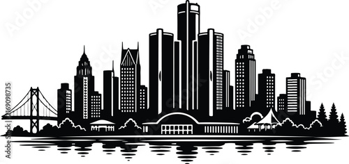 Detroit city skyline silhouette, urban architectural landscape, Silhouette Vector, Vector Illustration, isolated on white background