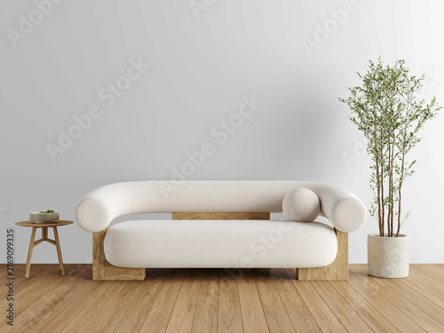 Organic Modern Living Room Wall Mockup PNG with Sculptural Cream Sofa and Olive Tree, Transparent Background, Soft Shadows