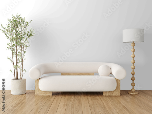 Organic Modern Living Room Wall Mockup PNG with Sculptural Cream Sofa and Wooden Floor Lamp, Transparent Background, Soft Shadows