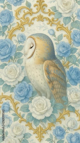 Elegant owl amidst blue roses and golden vines, captured in a frontal angle. Ideal for a nature-themed video backdrop or artistic print. Live mobile wallpaper.
