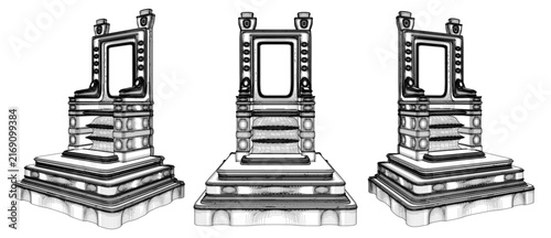 The King’s Throne Vector. Seat Of Power Medieval Throne Chairs On Pedestal Icon Line Art - Isolated Illustration On White Background.