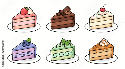Collection of Delicious Hand Drawn Cake Slices in Assorted Sweet Flavors