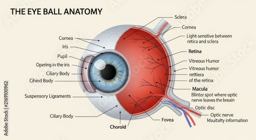 Detailed anatomical diagram of the human eye structure.