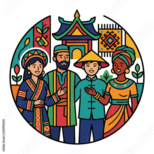 Vibrant circular illustration representing global diversity and culture, as people express their tradition and unity through unique heritage costumes.