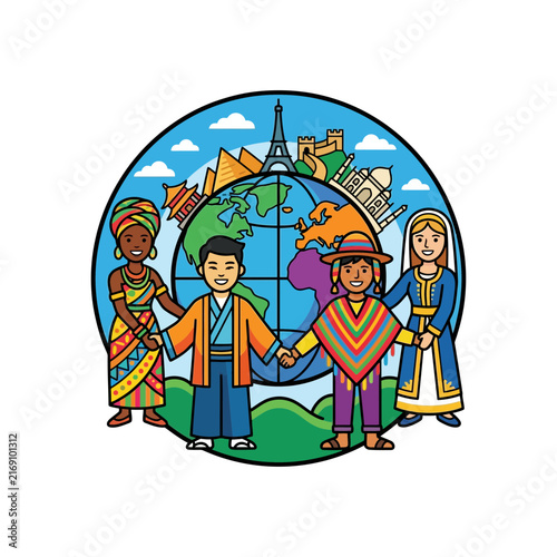 Promoting diversity and global unity, this multicultural illustration shows people from around the world holding hands together for peace.