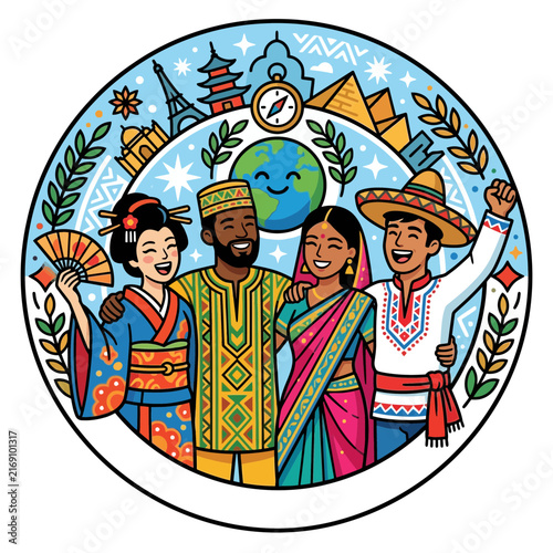 A vibrant illustration showcasing world culture and human diversity to promote global unity and multicultural friendship among international people.