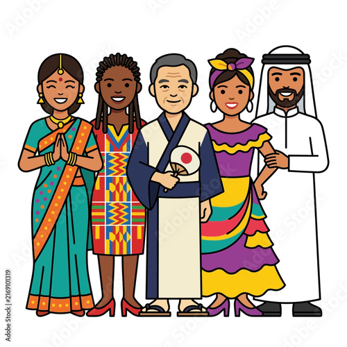 Multicultural and diverse people wearing traditional clothing and cultural costumes representing global unity and international friendship.