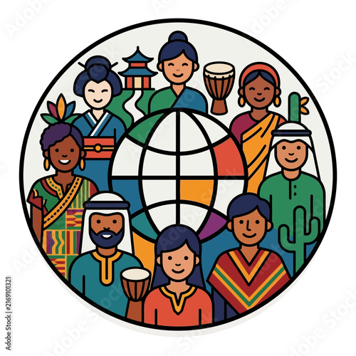 A vibrant celebration of global diversity around a central globe featuring people from multicultural backgrounds in a circle of unity.