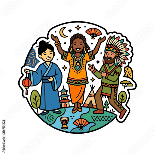 Celebrating global diversity and culture through unity with a multicultural group of people representing international heritage and peace.