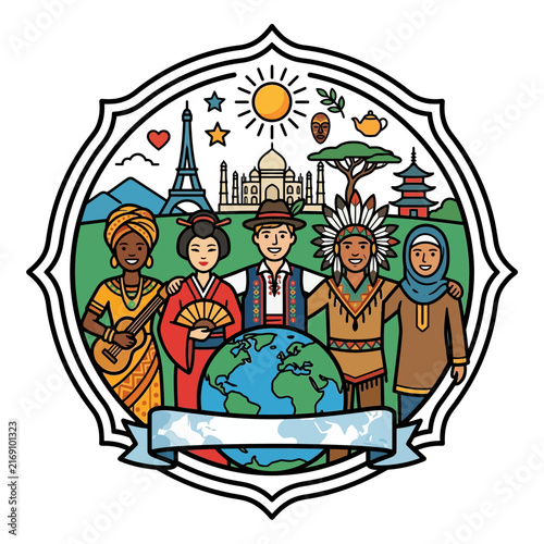 A colorful illustration representing global diversity and unity through travel and culture, featuring people from around the world standing by the