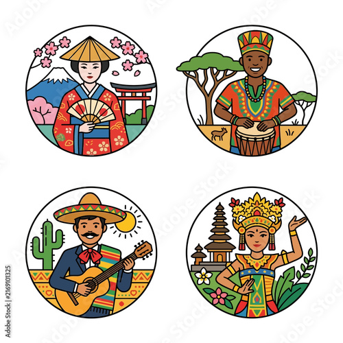 A set of circular illustrations showing global diversity through culture and tradition from around the world featuring diverse people in national