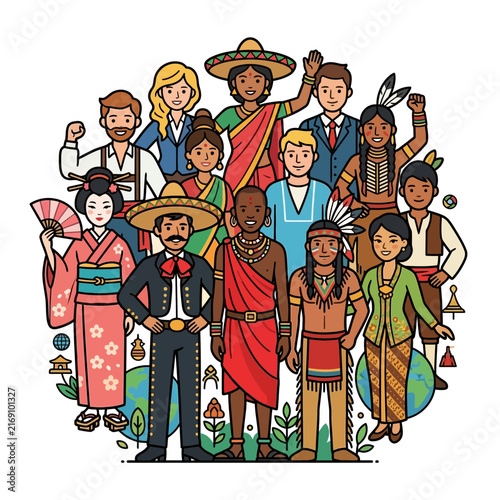 A multicultural community of diverse people wearing traditional culture costumes representing global unity and friendship across the world.