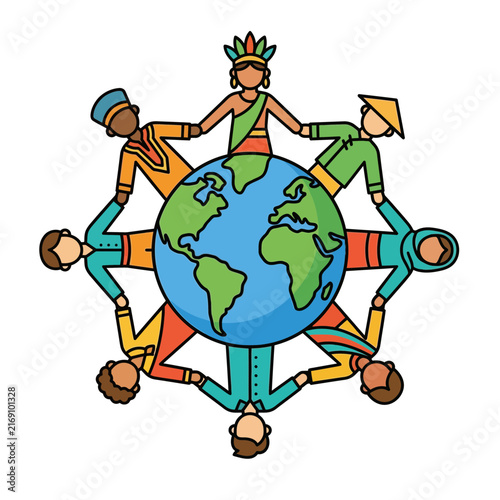 Unity and diversity of people standing together around the globe to represent world peace and cooperation