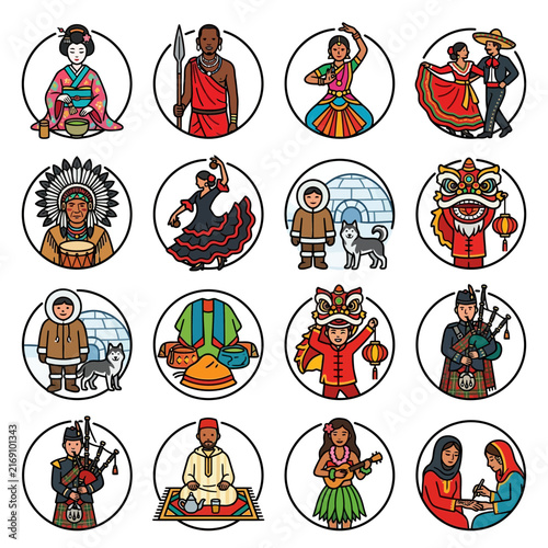 A diverse collection of global people wearing traditional costume and dress representing world culture and heritage in a circle icon style.
