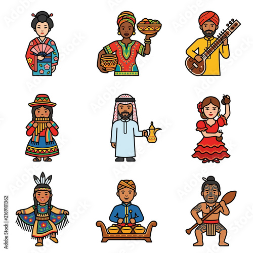 A diverse collection of world culture people representing global tradition and ethnic diversity through unique traditional costumes and icons.