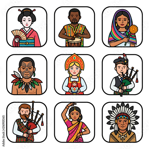 Diversity - A diverse collection of people from around the world wearing traditional culture clothing and ethnic costumes in a flat icon set.