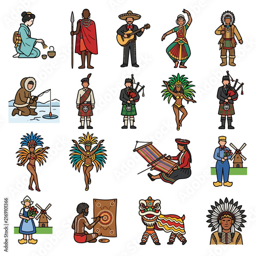 Diversity - A diverse collection of global people showcasing traditional culture and heritage through authentic ethnic costumes and clothing.