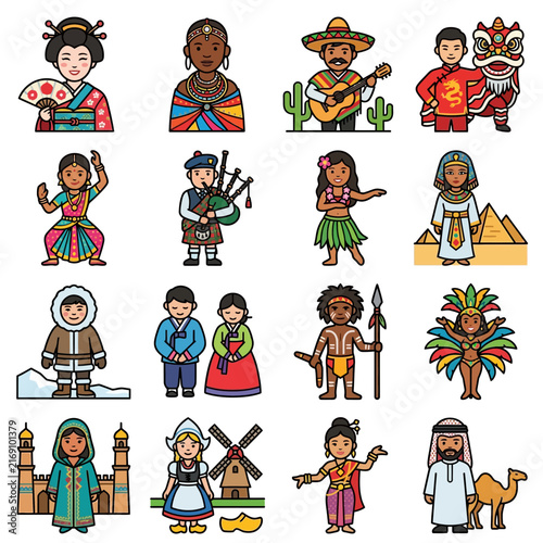 Celebrate world culture with traditional clothing and diversity in this global collection of people icons.