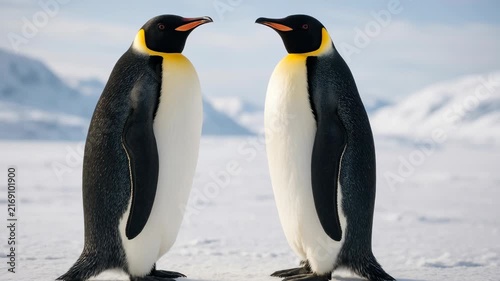 Two emperor penguins face each other on snowy terrain. Captured from a side angle, the scene resembles a nature documentary video still. Live desktop wallpaper.