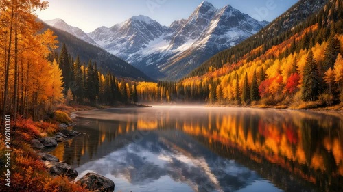 A serene autumn lake scene with mountains, captured at eye level, perfect for a nature video. Live desktop wallpaper.