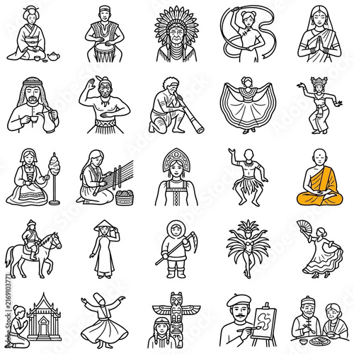 Hand-drawn collection of multicultural people and traditional icons showcasing global heritage and diverse cultures with a distinct Buddhist monk.