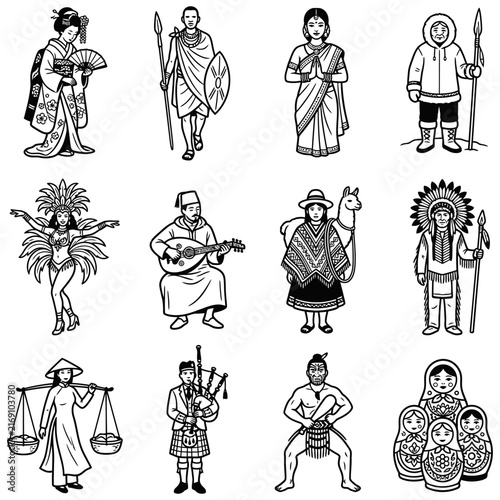 Line art collection of people in traditional costumes from global cultures and world people representing diverse ethnic backgrounds and cultural