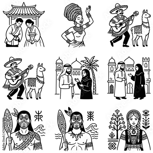 Collection of diverse cultures featuring people in traditional clothing and multicultural people representing ethnic world heritage and global