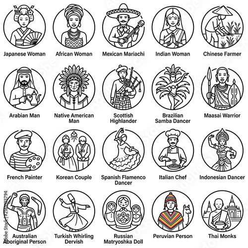 Comprehensive collection of cultural avatars wearing traditional costumes to celebrate global diversity through hand-drawn ethnic characters and